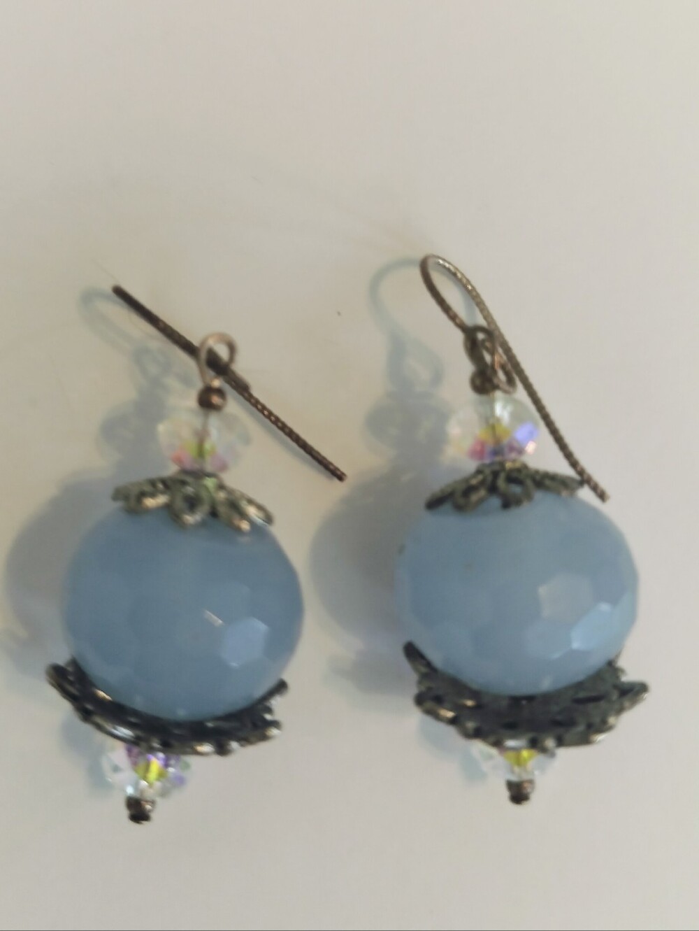 Blue Faceted Bead Dangle Earrings Ornate Silver Tone Filigree Accents Boho Drop